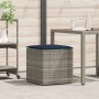 Graue vidaXL Kissenbox aus Poly-Rattan mit blauem Kissen, ideal zur Aufbewahrung im Garten.