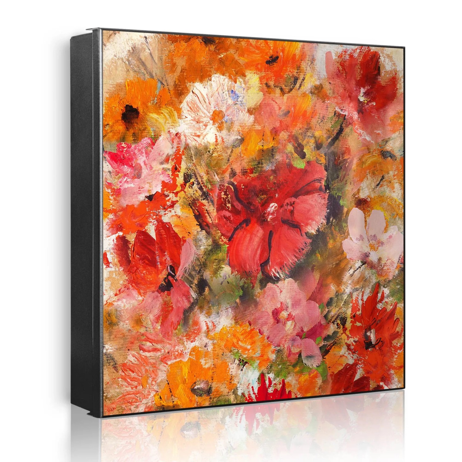 Banjado Großer Schlüsselkasten Metall 30x30cm Schwarz Scharnier Links 50 Haken Beschreibbar Magnetisch Motiv Fallende Blumen