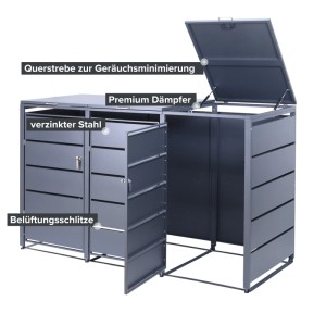 Albatros Mülltonnenbox für 3 Tonnen (je 240L), anthrazitgrau, aus verzinktem Stahl mit Dämpfern und Aufkleber-Set.