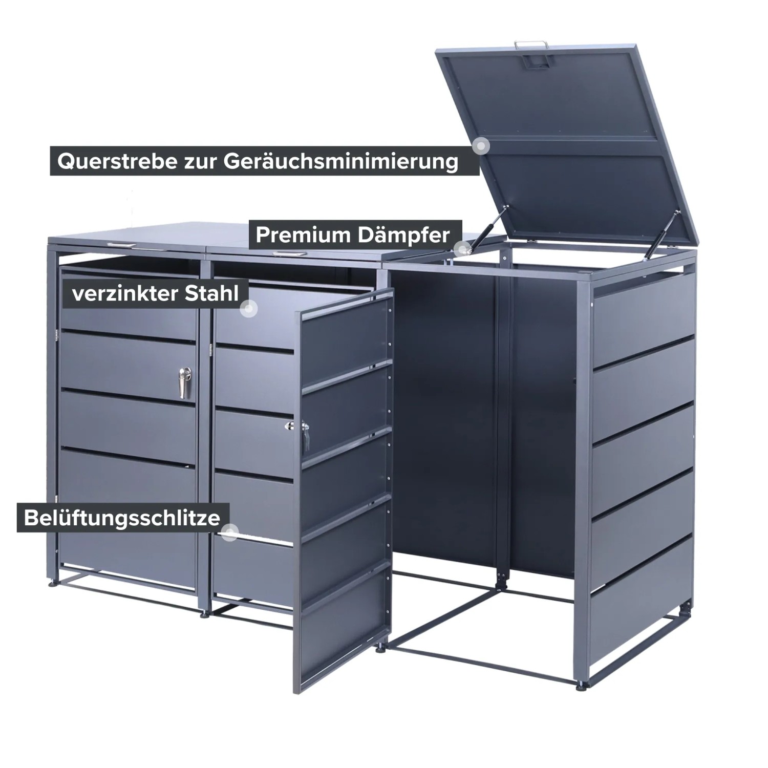 Albatros Mülltonnenbox für 3 Tonnen (je 240L), anthrazitgrau, aus verzinktem Stahl mit Dämpfern und Aufkleber-Set.