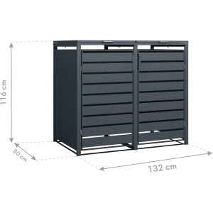 Westmann Mülltonnenbox Kubus für 2 Tonnen (240 l) in Anthrazit, mit Maßangaben.