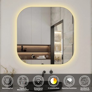 Quadratischer Badspiegel 60 cm mit LED-Beleuchtung, drei Lichtfarben und Touch-Funktion.