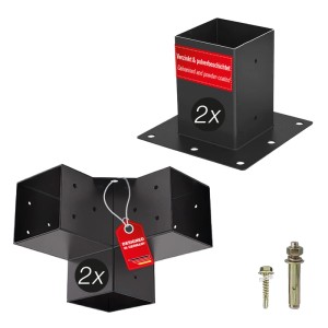 SOTECH Anbau Set: 2 schwarze, verzinkte Eckverbinder und 2 Bodenhülsen für 90x90mm Vierkantholz, inkl. Schrauben.