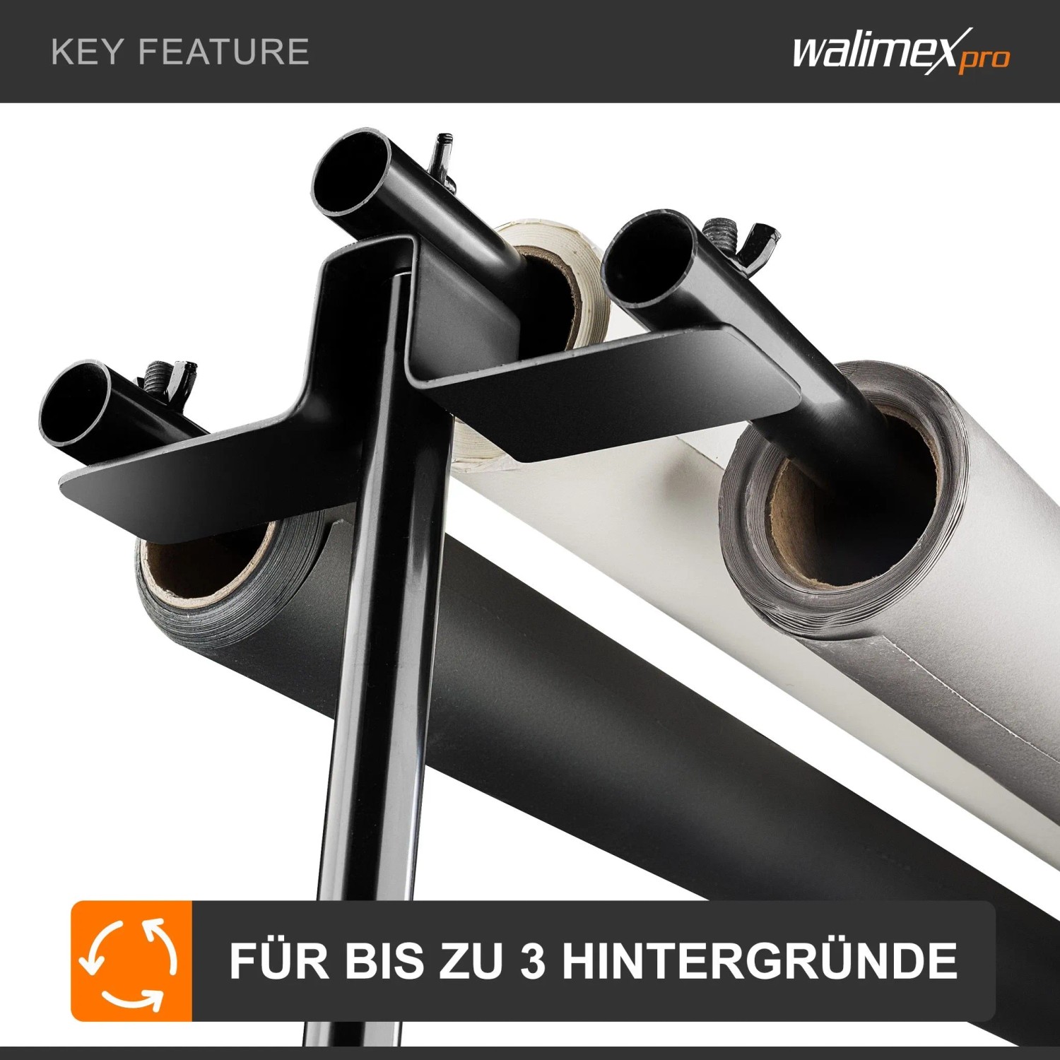 Schwarzes Walimex Pro 3-fach Hintergrundsystem mit drei Rollen für Fotostudio.