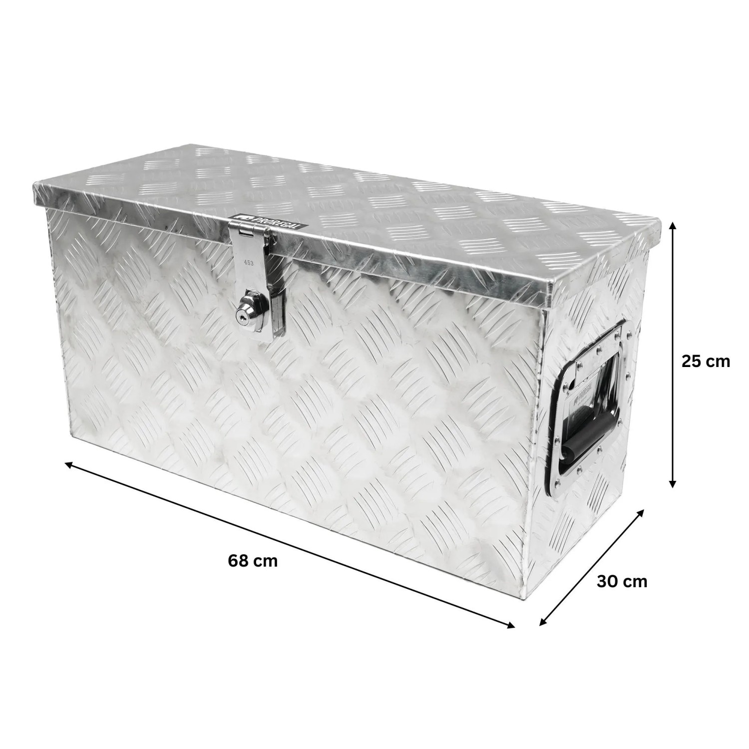 Abschließbare PROREGAL Deichselbox aus Aluminium für PKW-Anhänger, 68x30x25cm.