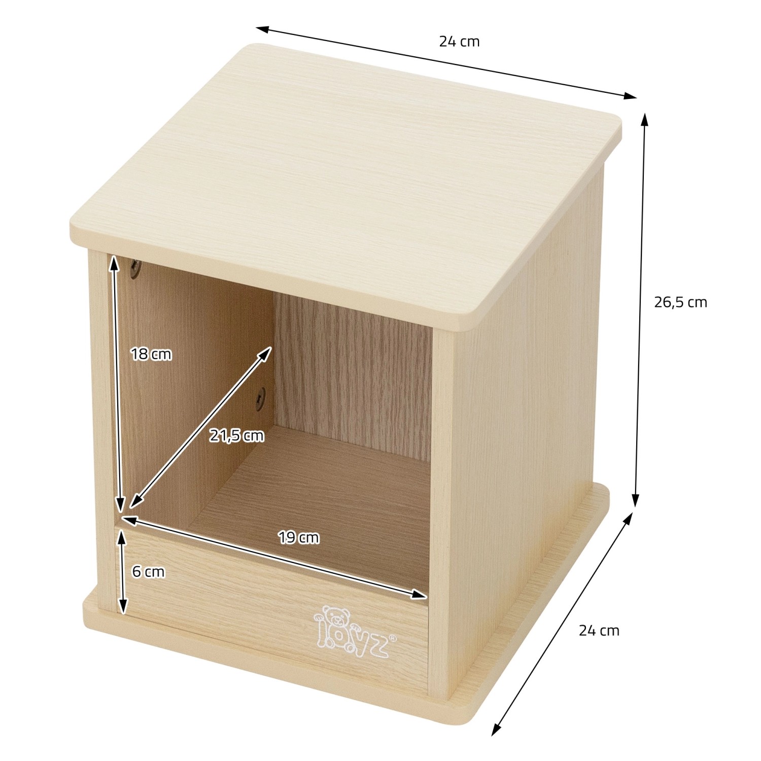 Detailansicht Hocker der Joyz Kindersitzgruppe mit Maßen. Holz Kindermöbel mit Stauraum.
