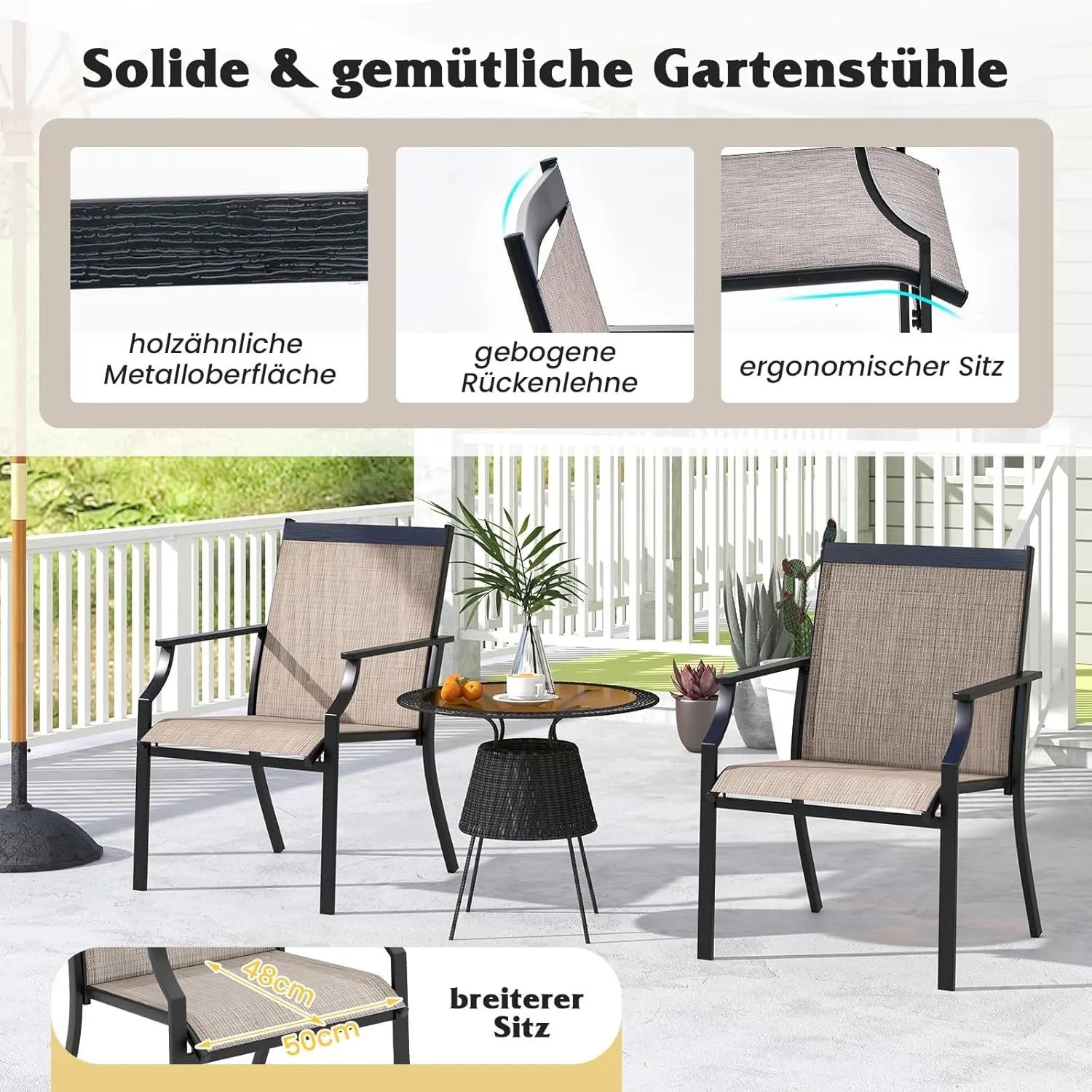 Costway 2er Set Gartenstühle mit breiter Sitzfläche in Kaffee auf Terrasse.