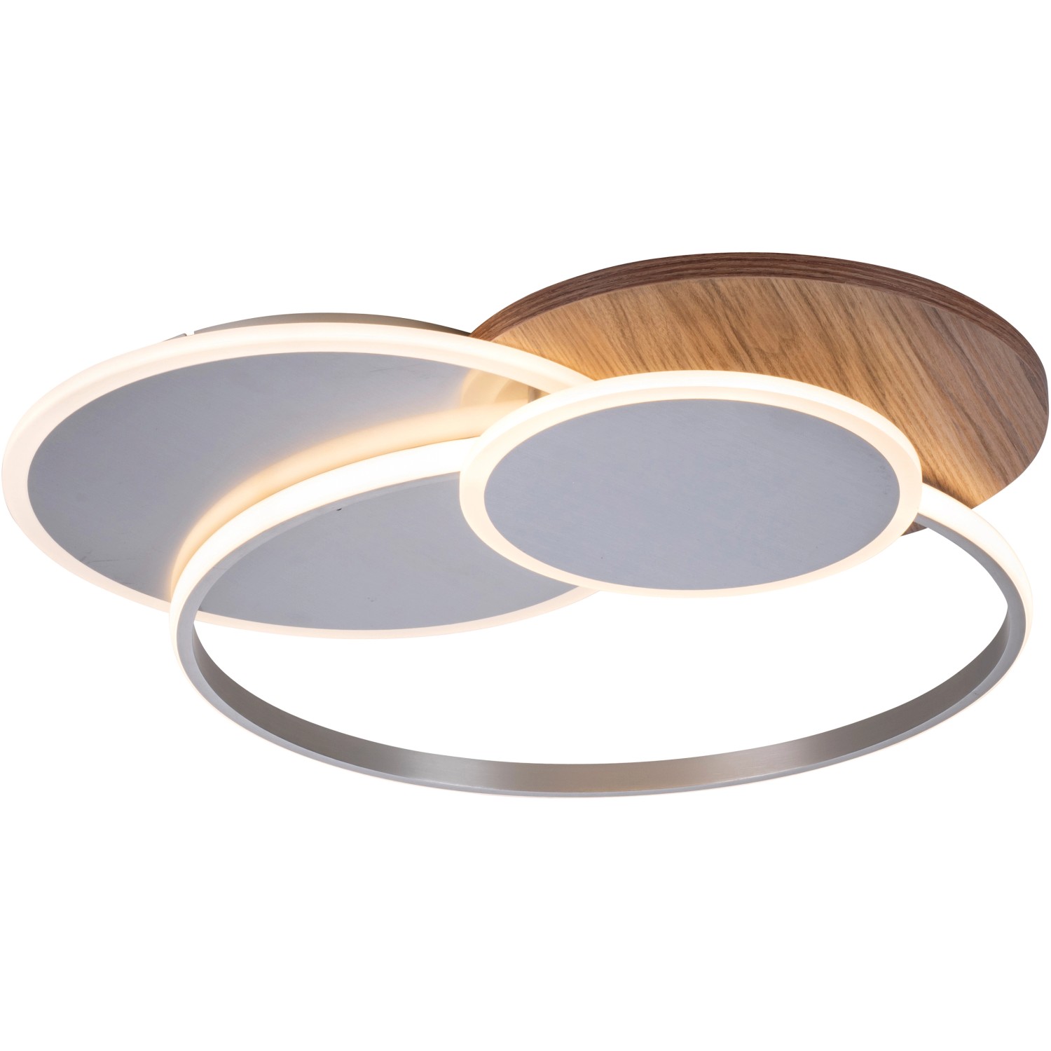 Moderne LED-Deckenleuchte Palma von Paul Neuhaus mit Holzdekor und silberfarbenen Ringen.