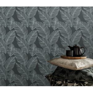 Erismann Vliestapete Paradisio 2, graue Tapete mit Blattmotiv, Deko-Idee für Wohnräume.