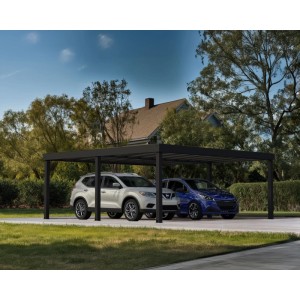 Canopia Carport Oslo, 607x596 cm, Alu schwarz, Paneel grau. Doppelcarport mit zwei parkenden Autos.