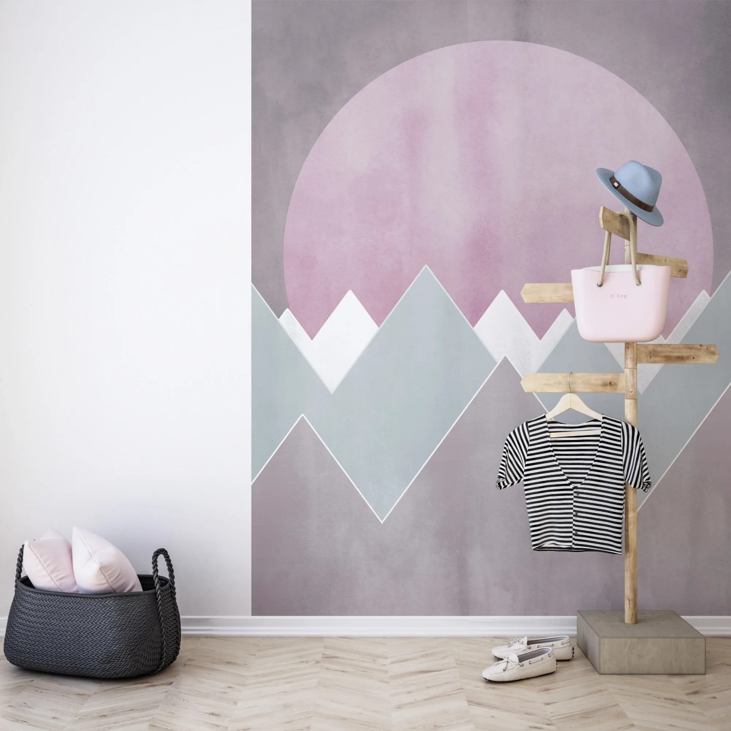 Komar Vlies Fototapete Sunrise Gentle mit rosa Sonne und Bergen, 200x250 cm.