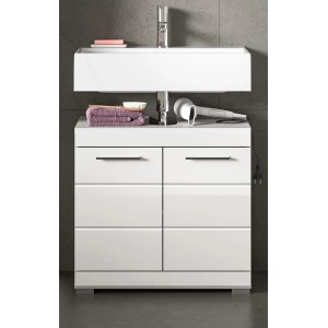 Inn.Furn Waschbeckenunterschrank Shawn, weiß hochglänzend, mit zwei Türen und silbernen Griffleisten.