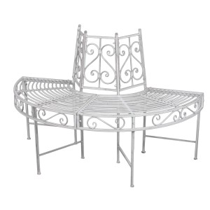 Halbkreisförmige, antik-weiße Garden Pleasure Baumbank Varda aus Stahl, ideal für den Garten.