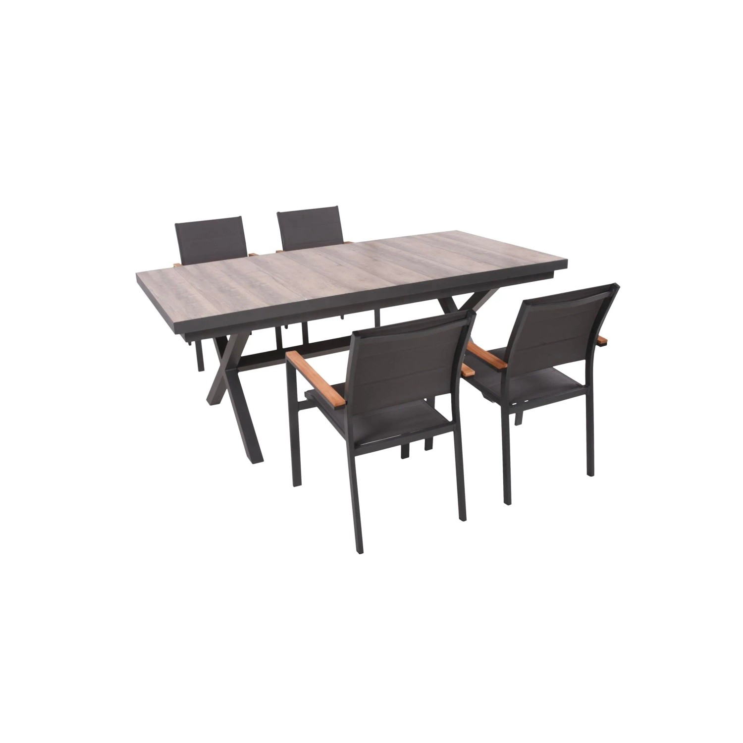 DELUKE Garten-Sitzgruppe JANA 5-tlg. Alu-Keramik Eiche-Optik Grau Gartenmöbel-Set Garten-Essgruppe Stapelstühle E Esstisch