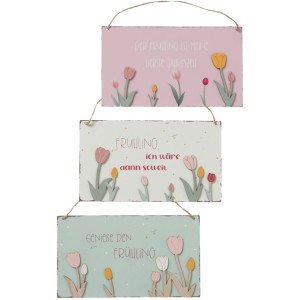 Mehrfarbiges Boltze Schild Tulpe, 3-fach sortiert, aus Holz und Eisen als frühlingshafte Dekoration.
