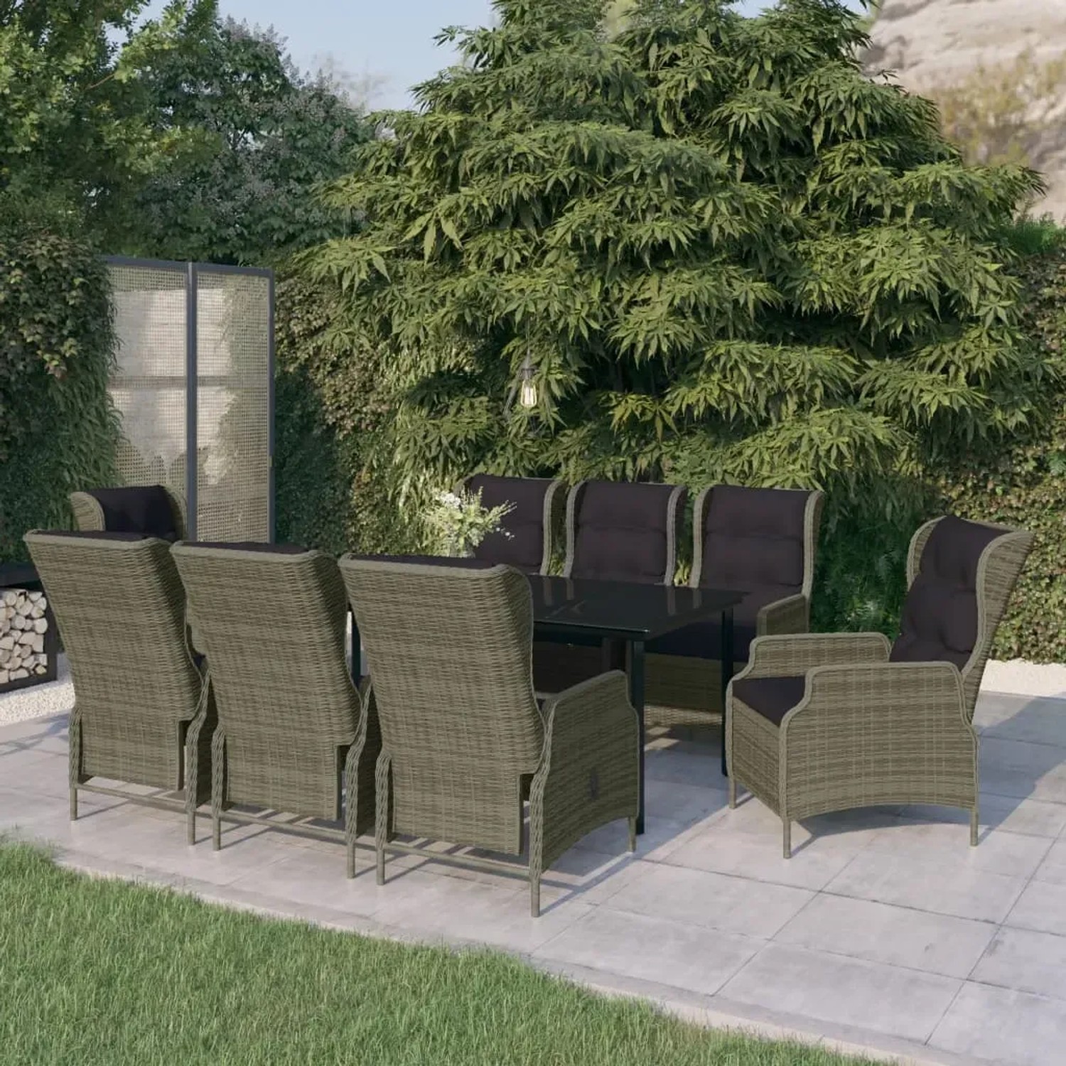 vidaXL 9-tlg. Garten-Essgruppe, braunes Rattan mit schwarzem Tisch und Auflagen, für Garten und Terrasse.