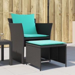 Schwarzer vidaXL Gartenstuhl mit Fußhocker und türkisfarbenen Kissen aus Polyrattan.