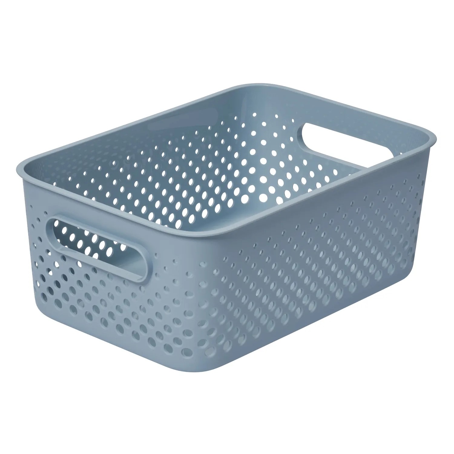 Blauer SmartStore Essence M Aufbewahrungskorb mit Lochmuster und Griffen.