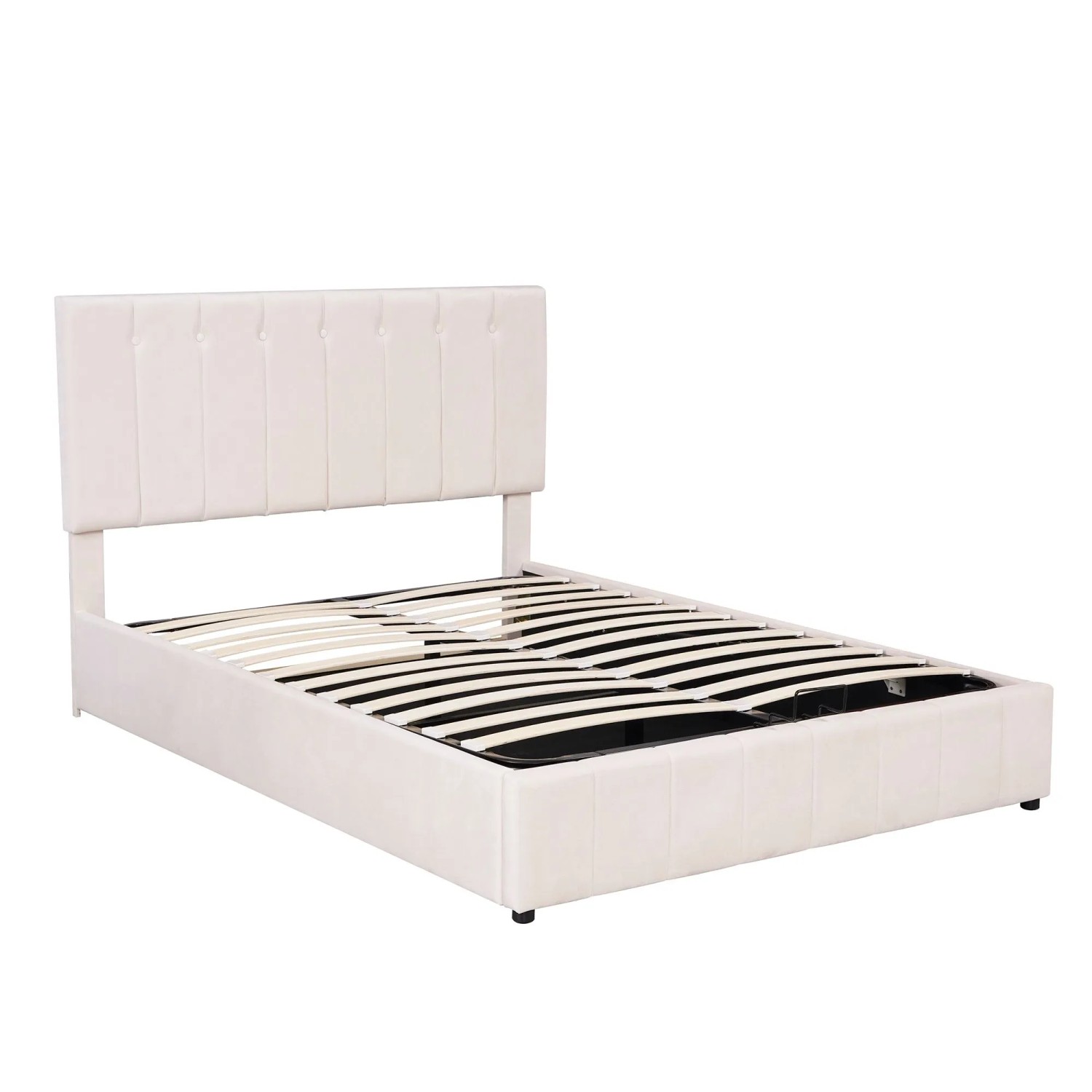 KOMHTOM Polsterbett Hydraulische 140x200Cm Doppelbett Mit Höhenverstellbares Kopfteil Und Metalllattenrost Samt Cremeweiß Ohne Matratze