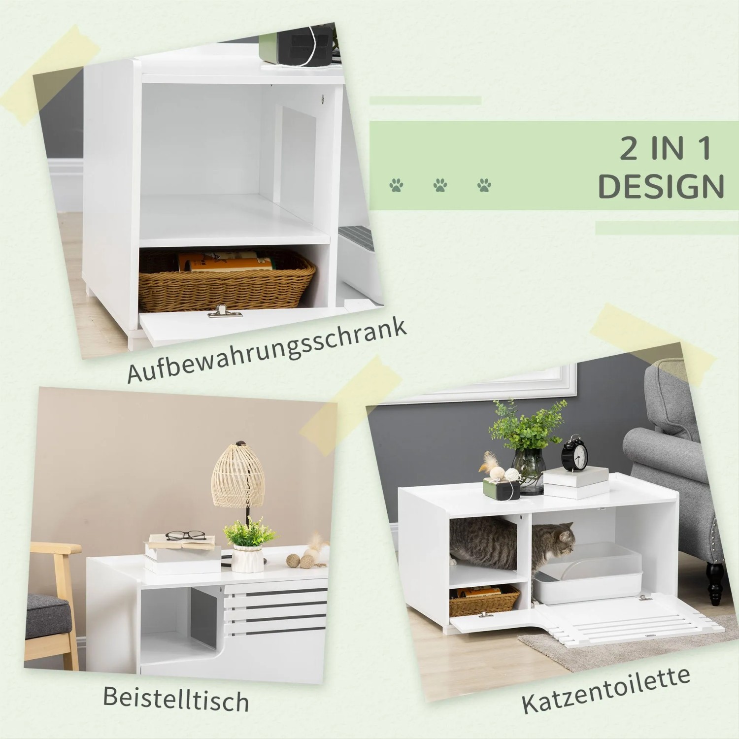 Weißer PawHut Katzenschrank, 2-in-1 Design als Katzentoilette, Beistelltisch oder Aufbewahrungsschrank. Wohnzimmerschrank.