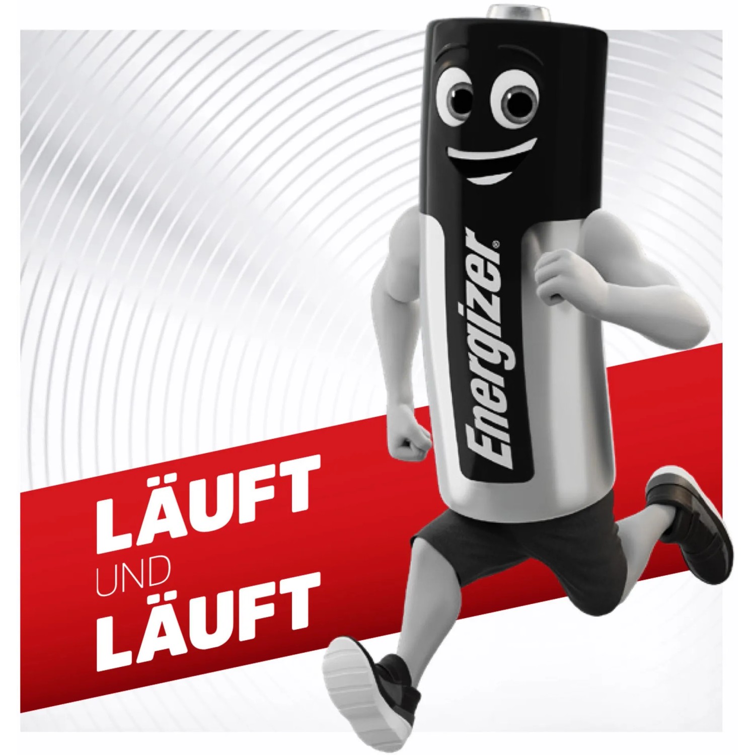 Energizer Max AA Batterie als Comicfigur beim Laufen, langlebige Mignon Batterien.