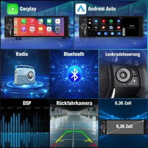 Junsun Autoradio 1 DIN mit Carplay, Android Auto, Bluetooth, Rückfahrkamera und 6,36 Zoll Display.