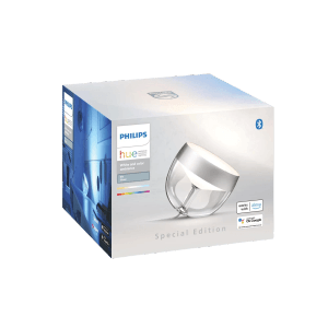 Verpackung der Philips Hue Iris Tischleuchte in Silber. Smart Home Lampe mit Farbwechsel.