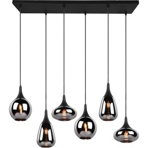 Schwarze, matte Trio Pendelleuchte Lumina mit 6 chrombedampften Glasschirmen in verschiedenen Formen.