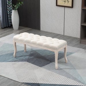 HOMCOM Sitzbank Vintage, beige Leinenoptik, Knopfheftung, geschwungene Gummiholzbeine. Elegante Polsterbank für Schlafzimmer.
