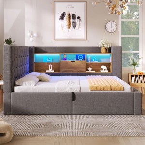 Graues Polsterbett 90x200cm mit L-förmigem LED-Kopfteil, integriertem Stauraum und USB-Anschlüssen.