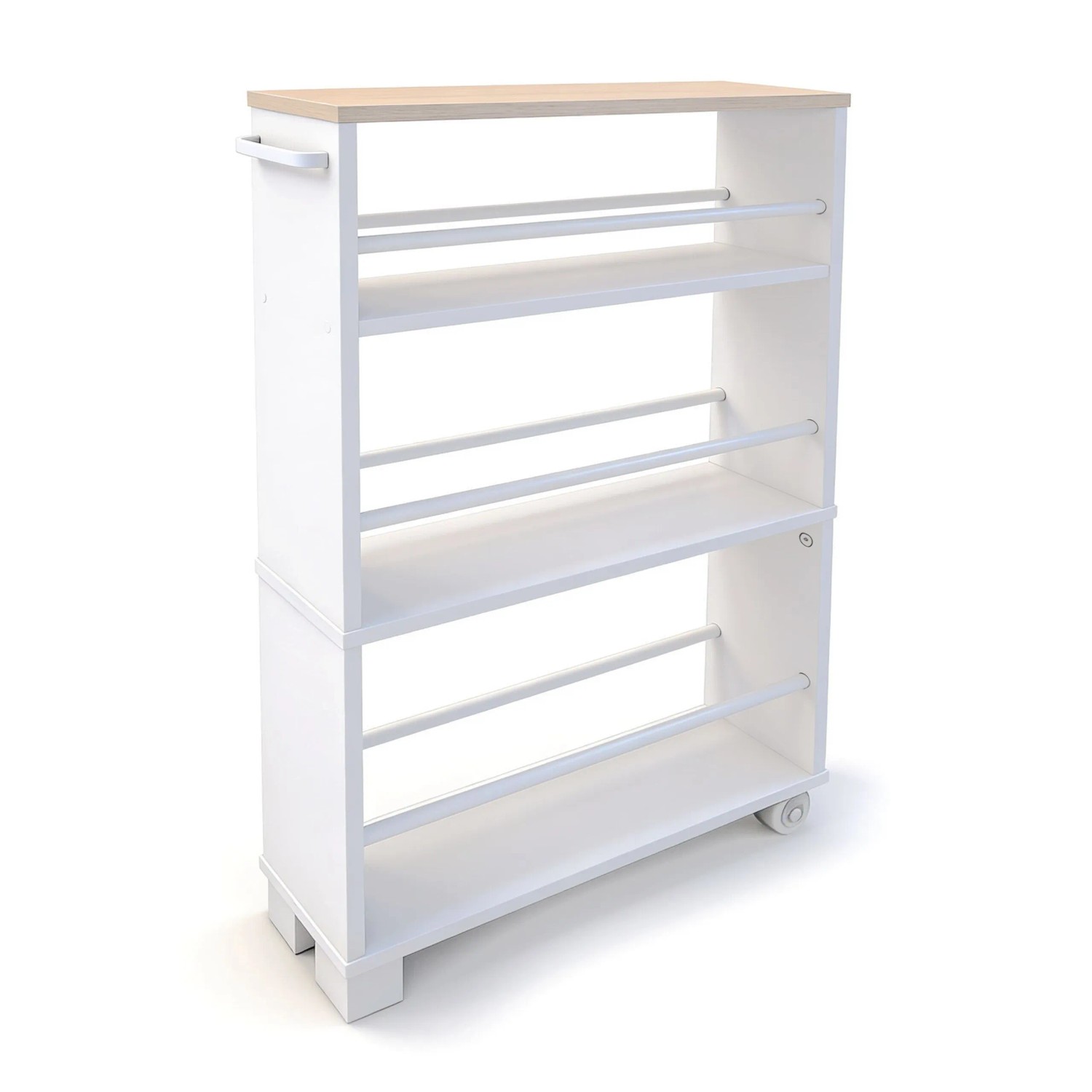Relaxdays Nischenwagen Holzwerkstoff Eisen Natur-Weiß Schmal 4 Ebenen mit 2 Rollen mit Griff 80 cm x 13 cm x 50 cm