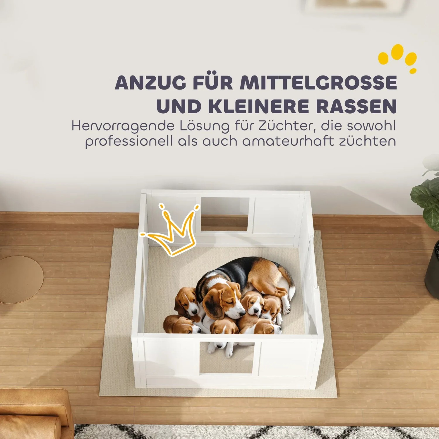 PawHut Wurfkiste aus Kiefernholz, weiß, mit Beagle-Welpen. Ideal für Züchter.
