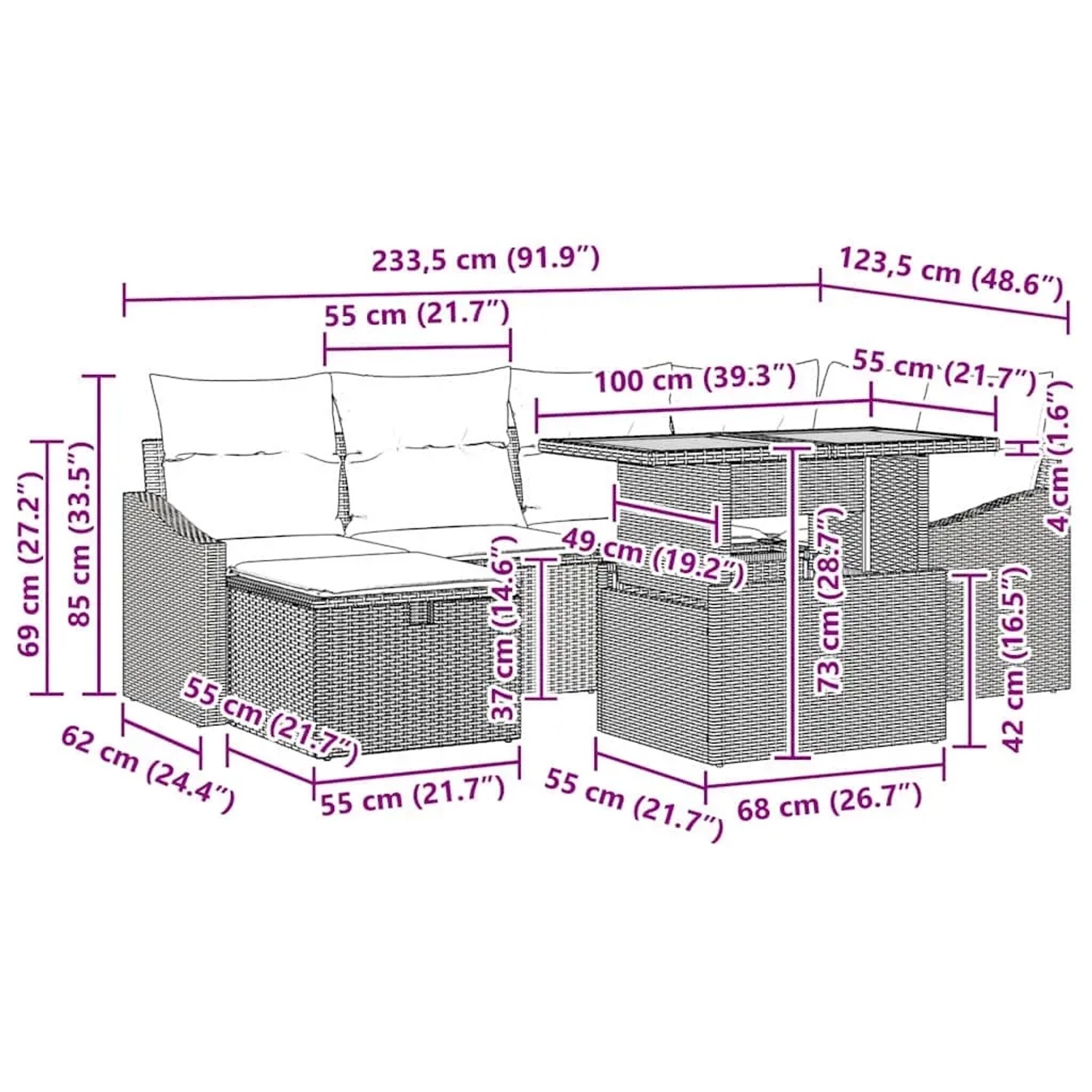 vidaXL Gartenmöbel-Set, 7-teilig, Schwarz, Poly Rattan. Sofa, Sessel, Hocker und Tisch mit Maßen.