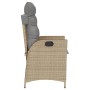 Seitenansicht eines beigen Poly Rattan Gartensessels mit hellgrauen Kissen. Verstellbare Rückenlehne mit Griff.