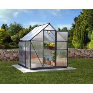 Graues Palram Canopia Gewächshaus, 3,4 m², mit Fundamentrahmen im Garten.