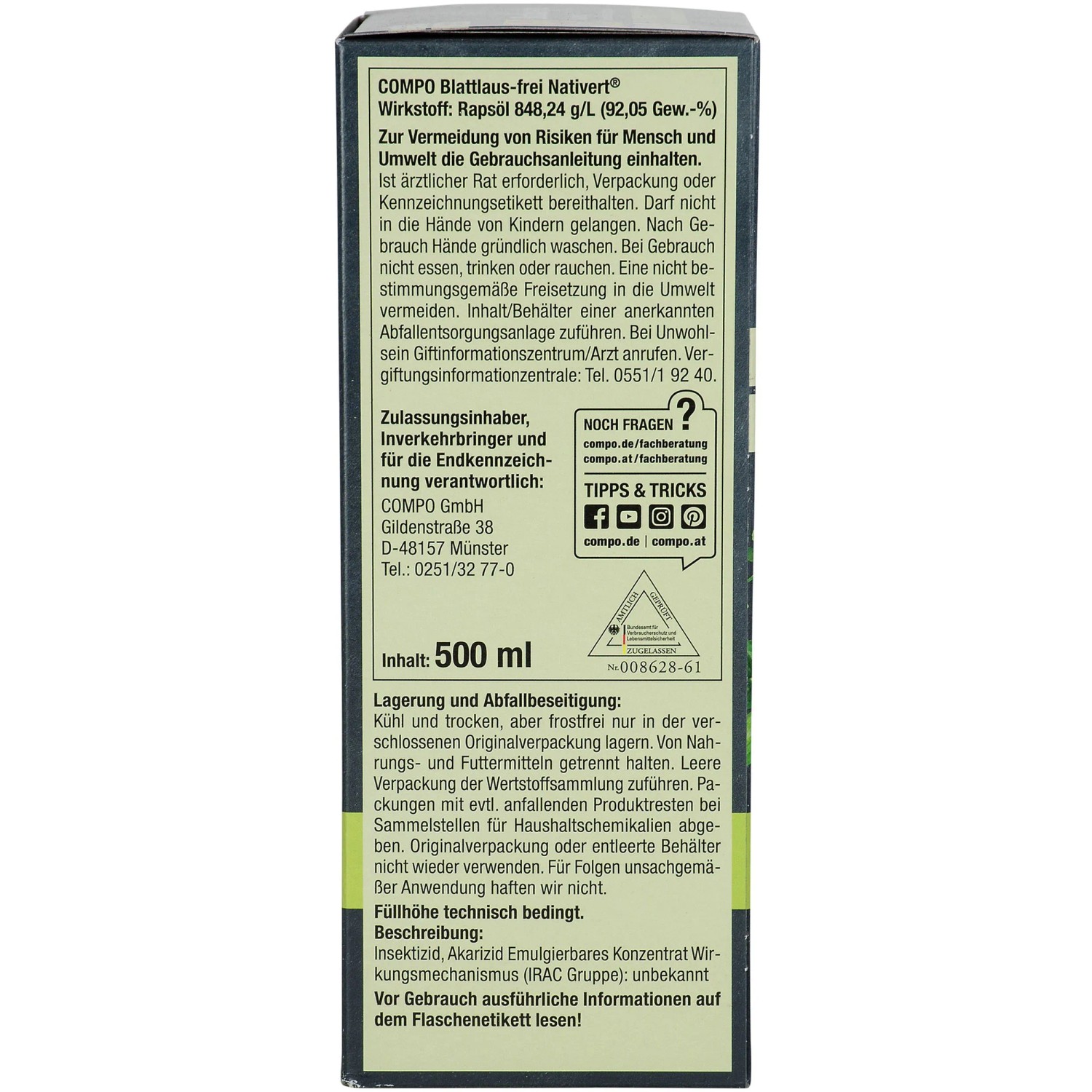Compo Nativert Blattlaus-frei, 500ml Bio Mittel gegen Blattläuse. Flasche mit Produktinformationen.