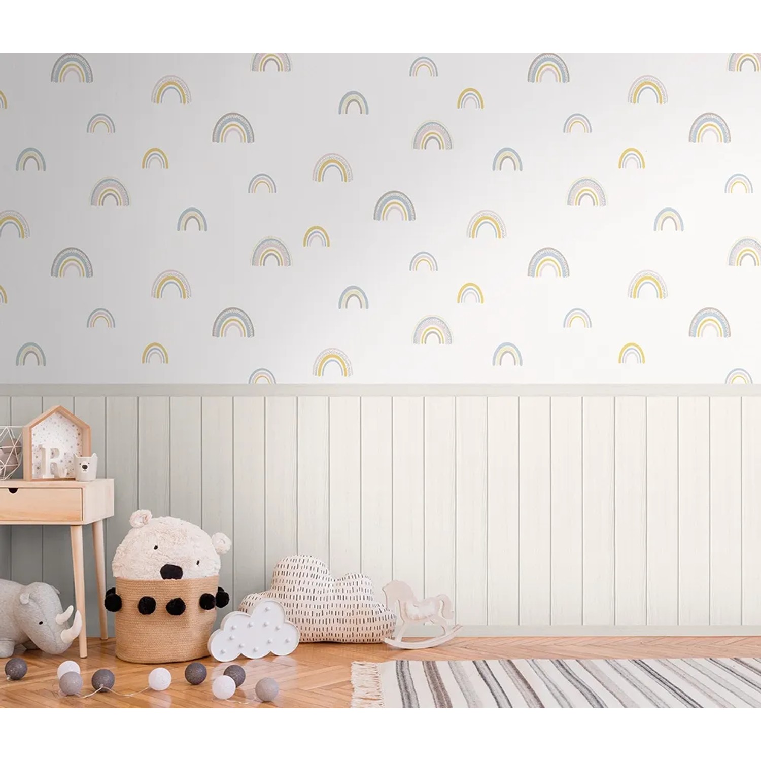 A.S. Création Vliestapete Wallpanel Regenbogen Gelb im Kinderzimmer.