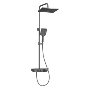 Emke Duschsystem mit Thermostat, Handbrause und Wasserfall-Auslauf in Anthrazit Matt.