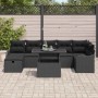Schwarzes 8-teiliges vidaXL Garten-Sofa-Set aus Poly Rattan mit Kissen und Tisch.