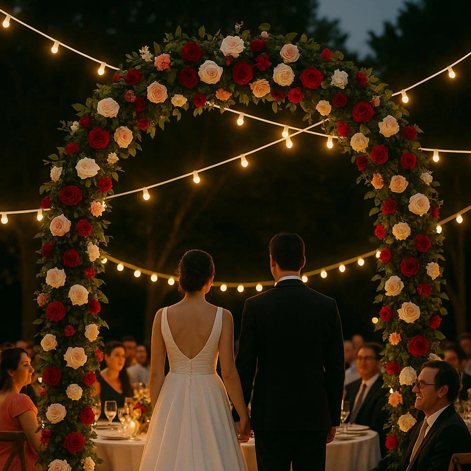 Romantische Szene mit Satisfire Lichterkette und Blumenschmuck, ideal für Hochzeiten und Gartenpartys.