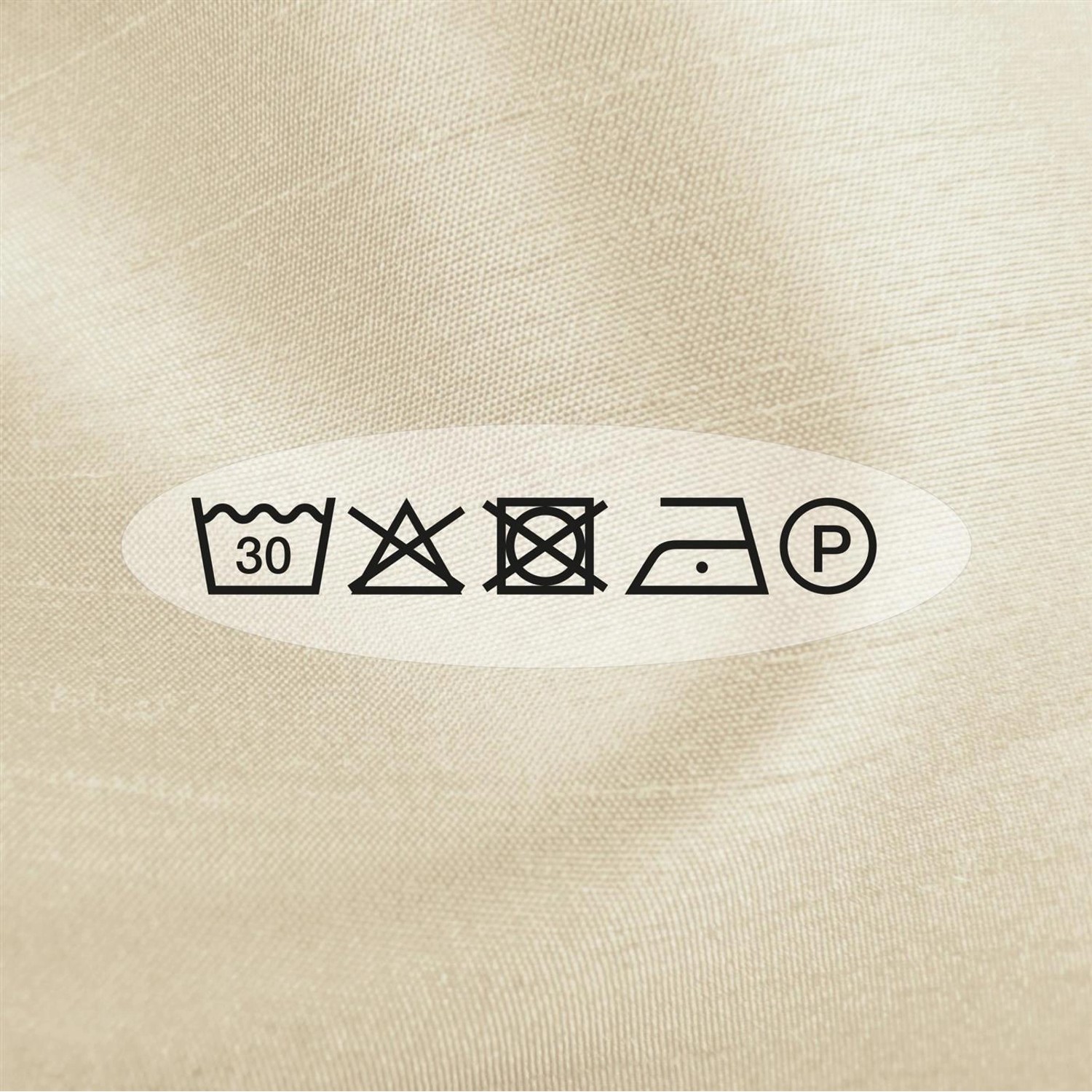 Pflegehinweise für Arsvita Gardine Alessia: Waschen bei 30°, nicht bleichen, nicht trocknen, bügeln mit niedriger Temperatur, chemische Reinigung.