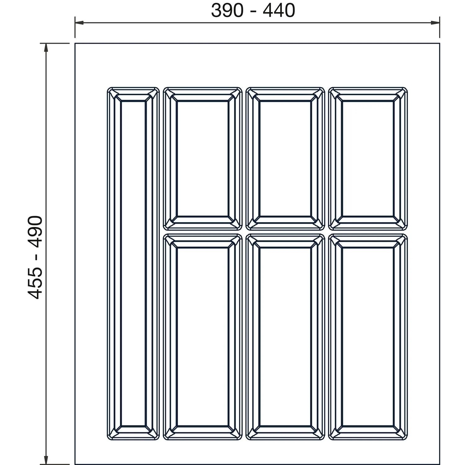 Technische Zeichnung des Agoform Besteckeinsatz Classico. Kürzbarer Kunststoff-Besteckkasten in Schiefergrau mit Maßen 390-440x455-490mm.