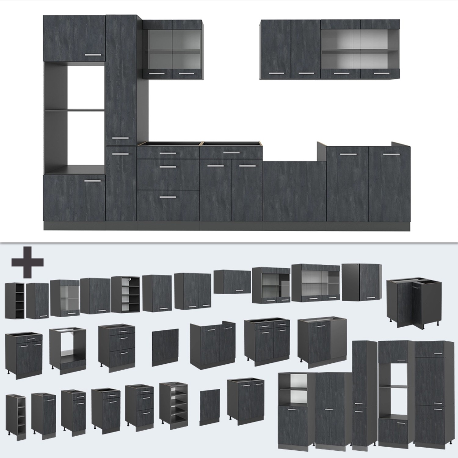Vicco R-Line Küchenzeile 350 cm in Schwarz Beton/Anthrazit, modulare Küchenmöbel ohne Arbeitsplatte.