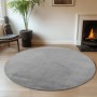 Runder, grauer Ayyildiz Kurzflorteppich Joy (Ø 120 cm) im Wohnzimmer.