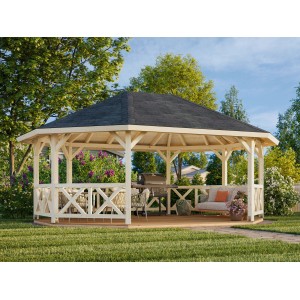 Palmako Holz-Pavillon Betty, unbehandelt, 617x467 cm, ohne Boden. Gartenlaube mit Grill und Sitzgelegenheiten im Garten.