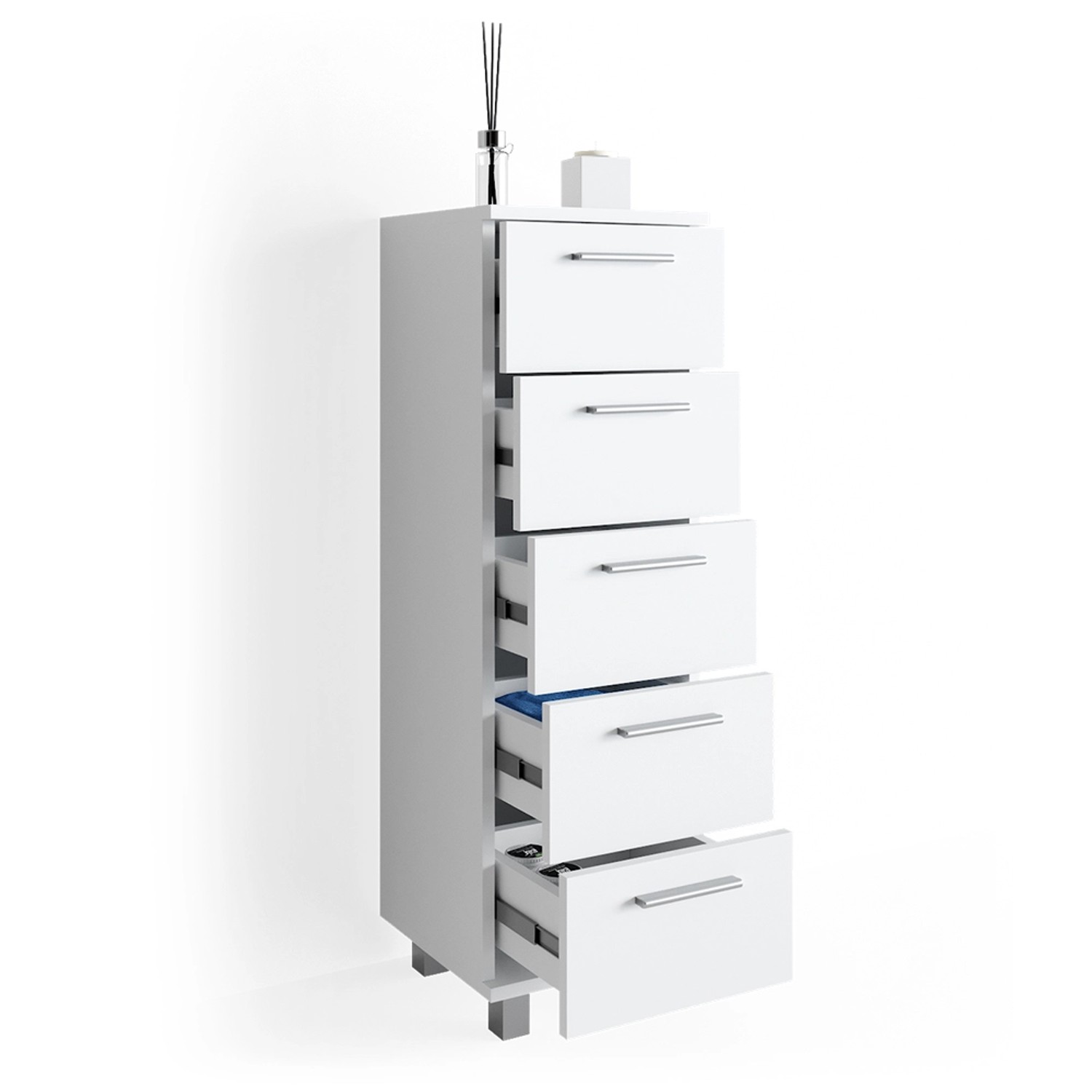 Weißer Vicco Badschrank Ilias (30x95 cm) mit fünf Schubladen für Badutensilien.