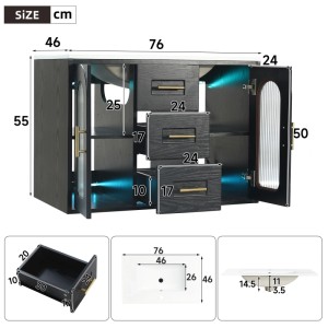 Schwarzer 76cm Badschrank in Holzoptik mit weißem Waschbecken, LED-Beleuchtung, geriffelten Glastüren und Schubladen.