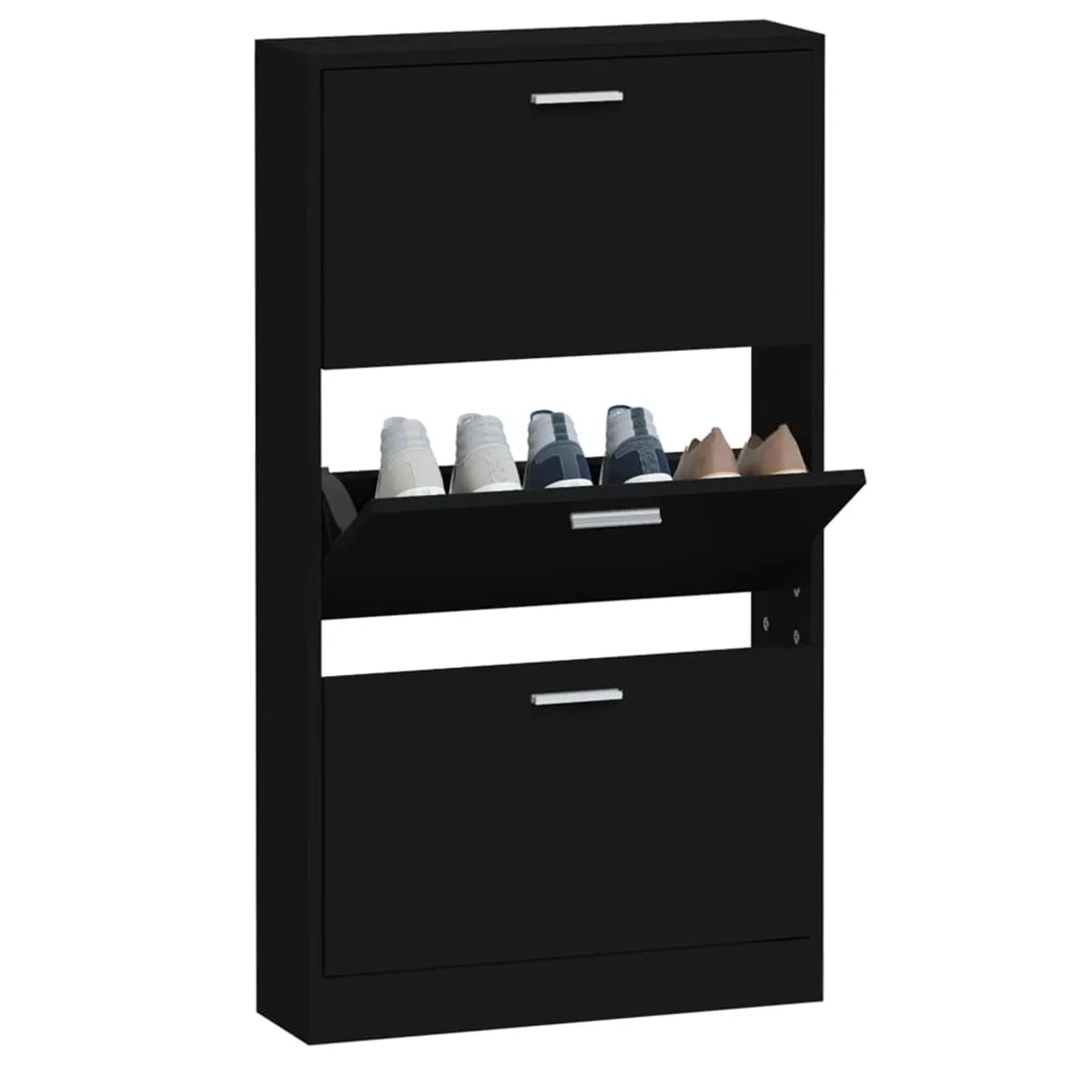 Schwarzer vidaXL Schuhschrank (59x17x108 cm) aus Holzwerkstoff mit drei Klappen zur Schuhaufbewahrung.