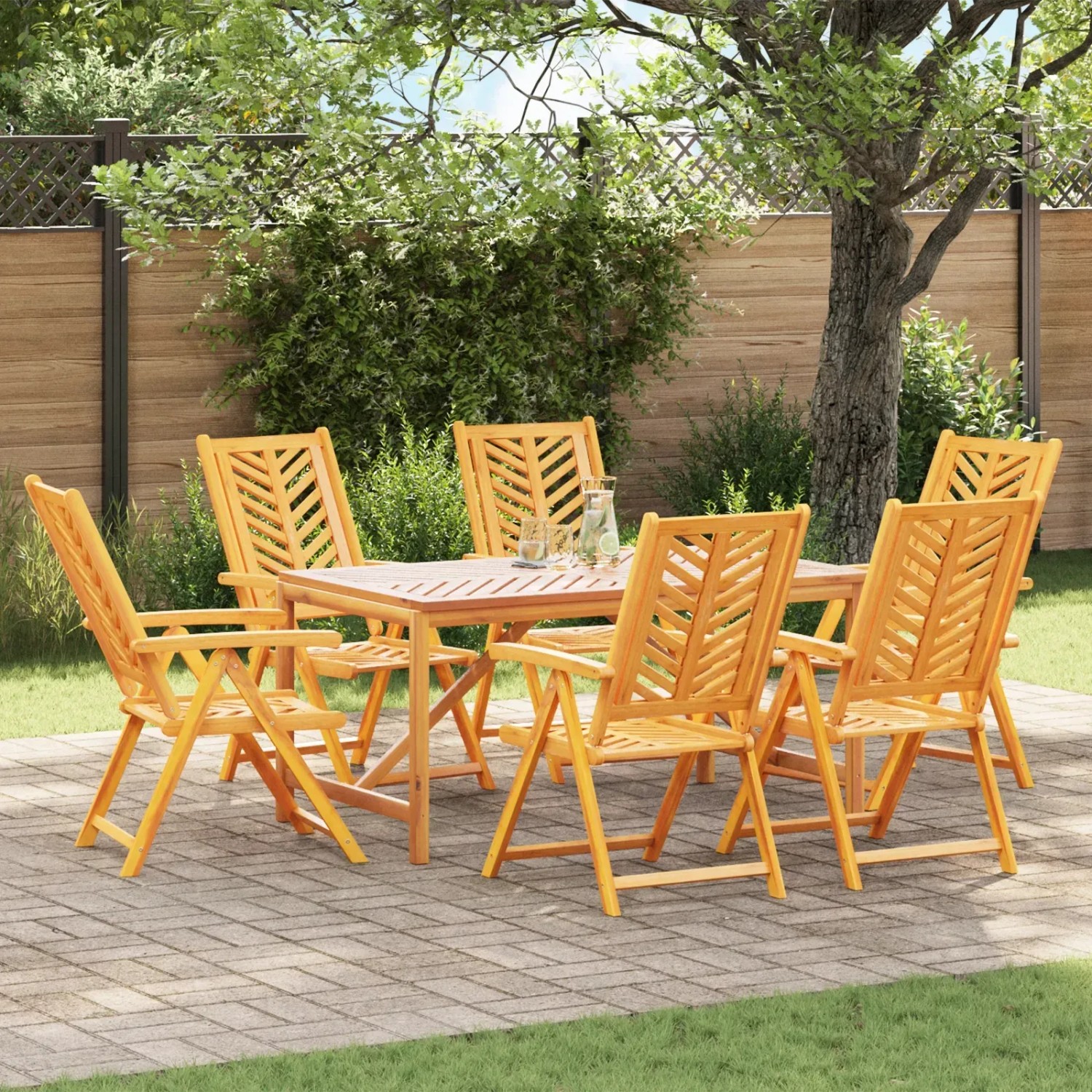vidaXL Gartenstühle, 6 Stk., verstellbar, Akazienholz, braun, im Garten.