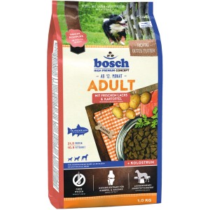 Bosch Hunde-Trockenfutter Adult Lachs & Kartoffel, 1kg Packung für ausgewachsene Hunde.